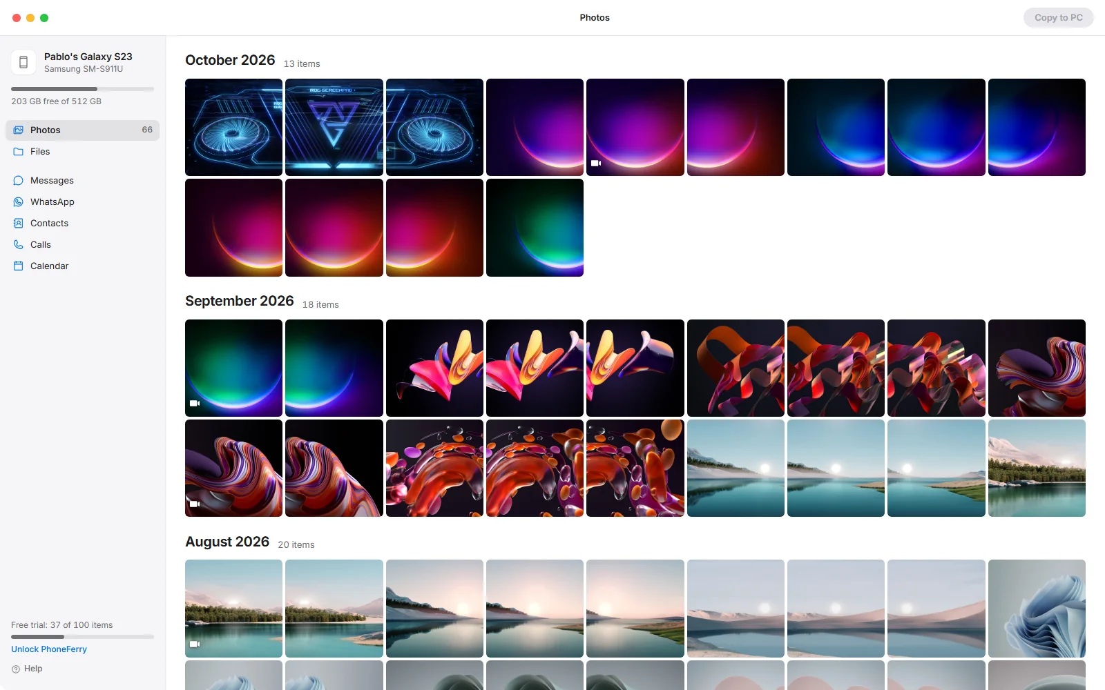 PhoneFerry showing a Samsung Galaxy phone's photo library by month, with Files, Messages, WhatsApp, Contacts, Calls and Calendar in the sidebar