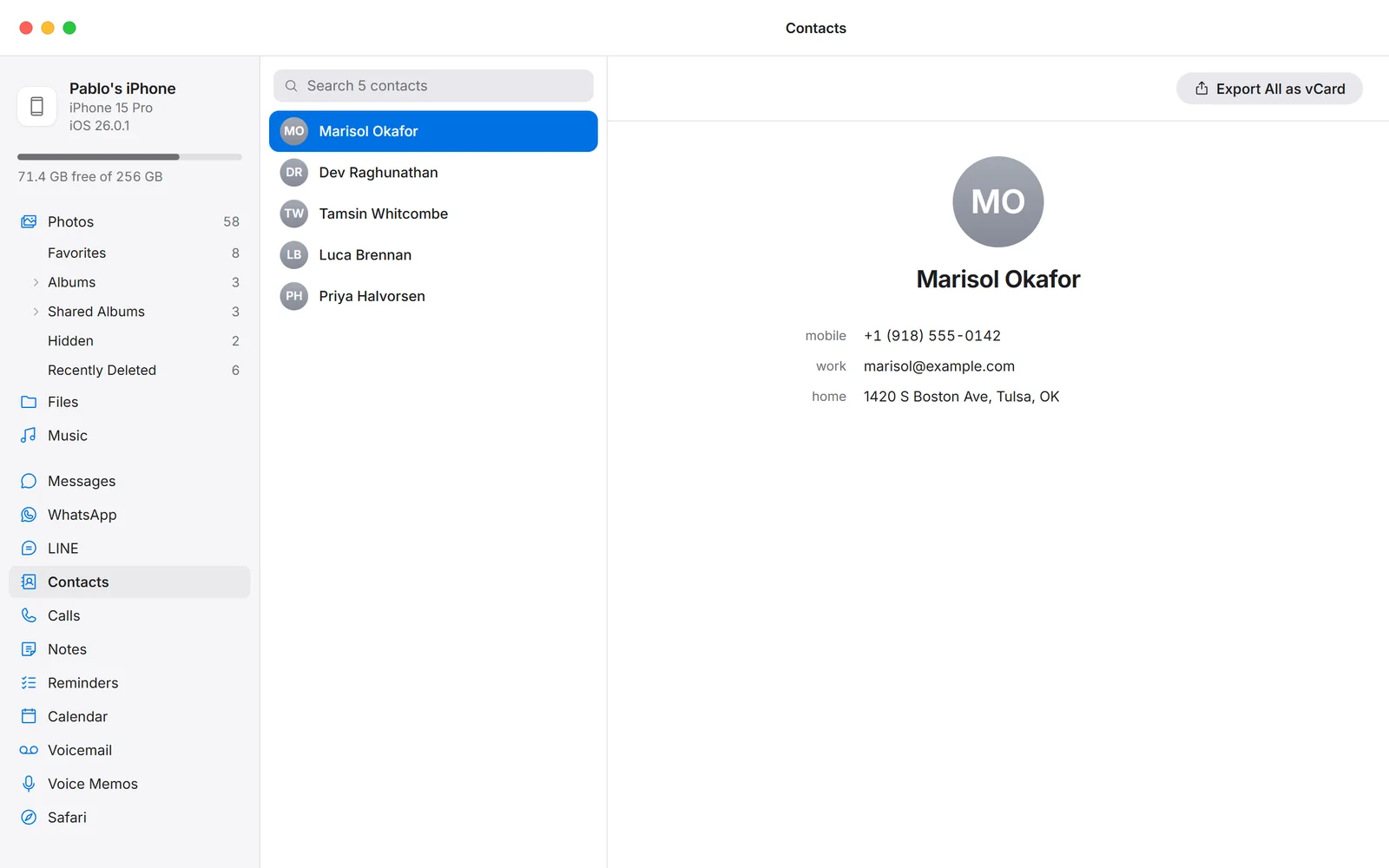 Contacts listed in PhoneFerry on a Windows PC with Export All as vCard top right