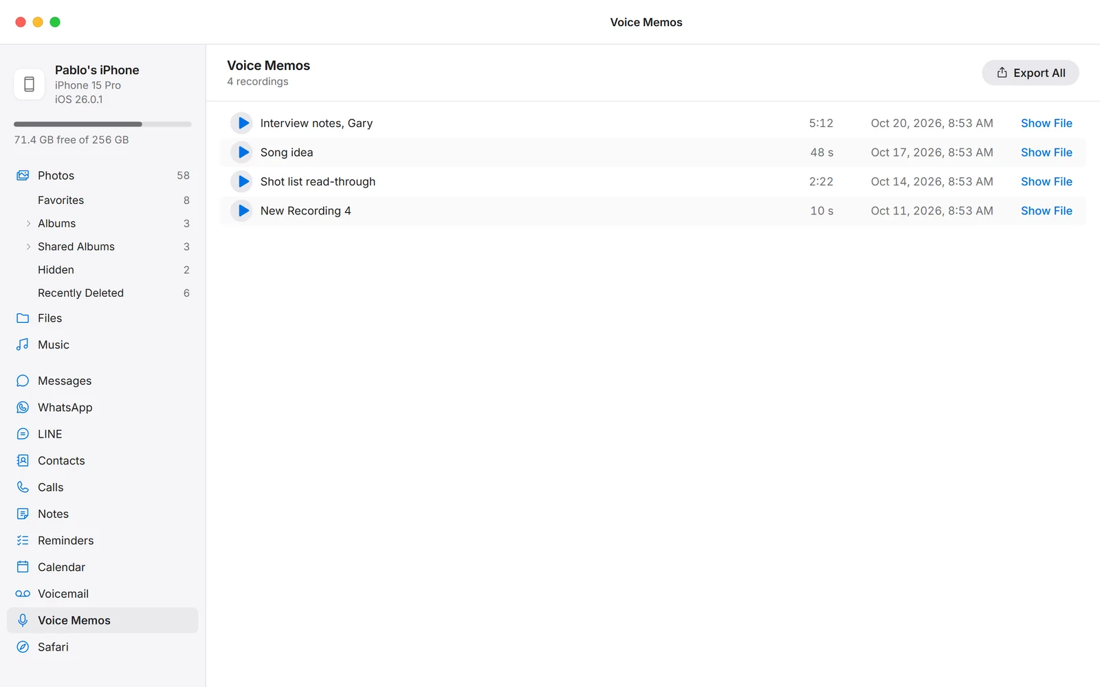 Voice Memos listed in PhoneFerry with play buttons