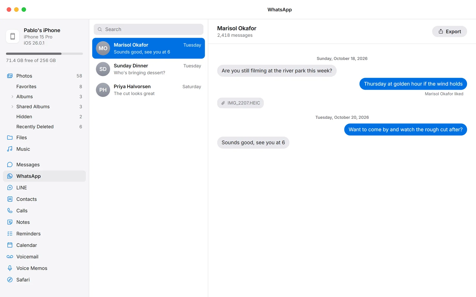 A WhatsApp chat open in PhoneFerry on a Windows PC with the Export button top right